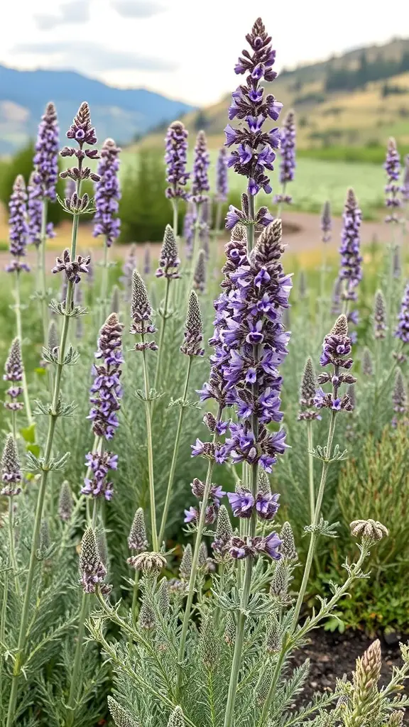 19 Stunning Perennial Plants for Your Garden 12 Tall purple flowers of Russian Sage with silvery foliage in a garden setting