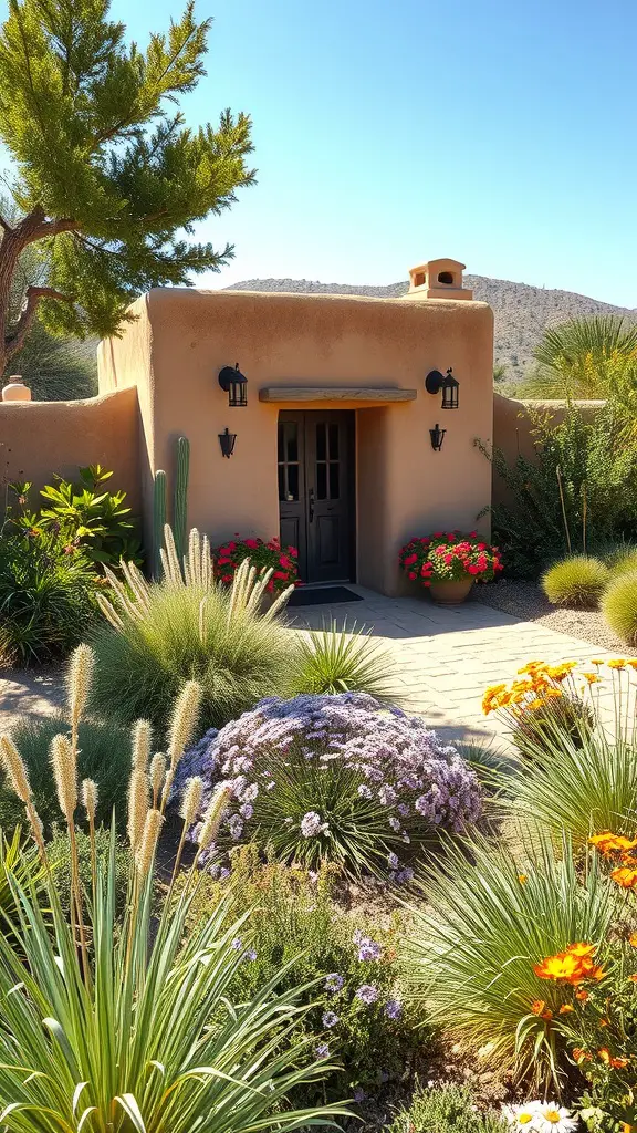 23 Vibrant Mexican Garden Ideas to Transform Your Outdoor Space 9 A rustic adobe garden structure surrounded by colorful flowers and plants.