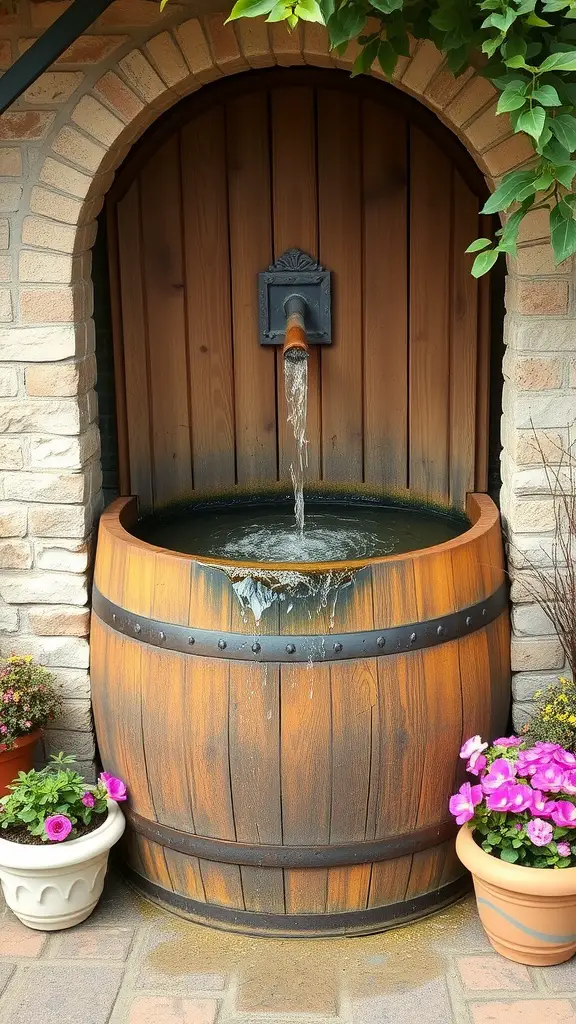 A rustic wooden barrel fountain with water flowing from a spout, surrounded by colorful flower pots.