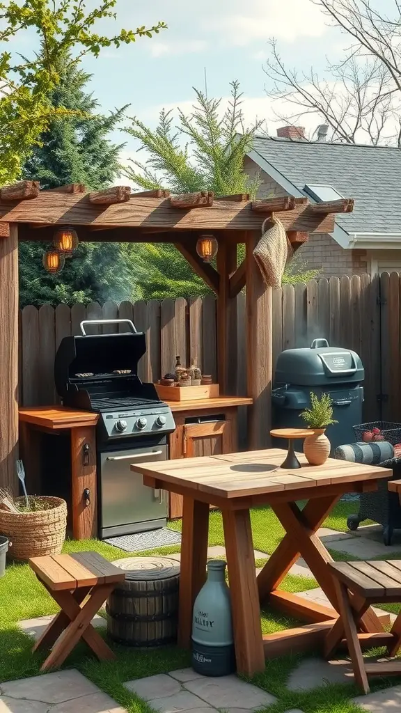 23 Amazing Backyard Ideas for Your Bloxburg Home 11 A rustic BBQ station with a wooden structure, grill, and seating area in a backyard.