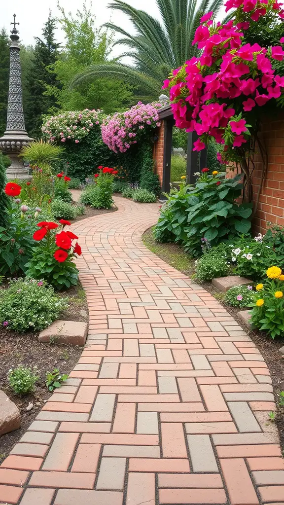 19 Stunning Paver Pathway Ideas to Transform Your Garden 6 A rustic brick walkway surrounded by colorful flowers and greenery.