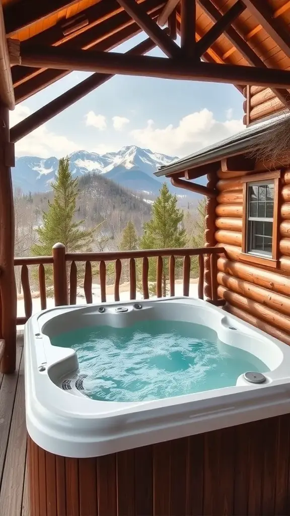21 Amazing Hot Tub Backyard Ideas for Your Outdoor Oasis 4 A hot tub on a wooden deck of a rustic cabin, with mountains in the background.