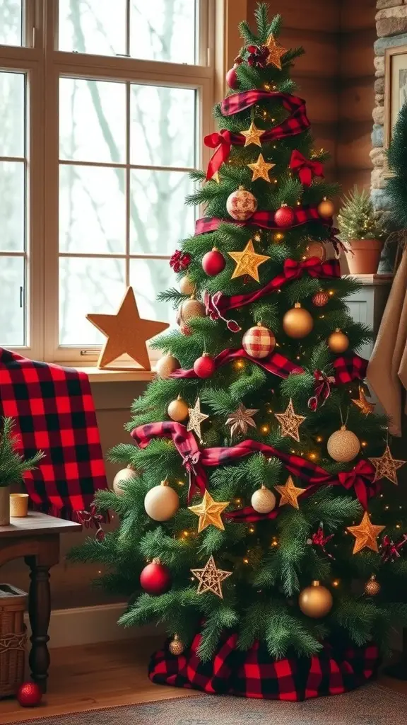 21 Creative Christmas Tree Ideas for a Cozy Fall Celebration 16 A beautifully decorated Christmas tree in a rustic cabin setting, featuring red ribbons, golden ornaments, and a plaid blanket.