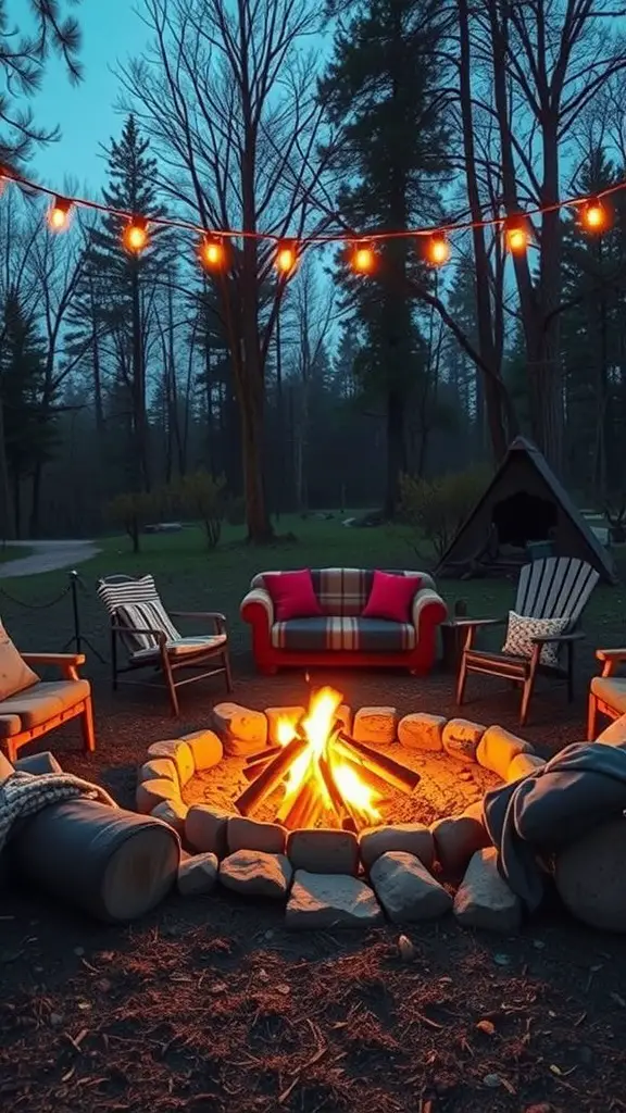 A cozy campfire circle with seating, surrounded by trees and string lights.