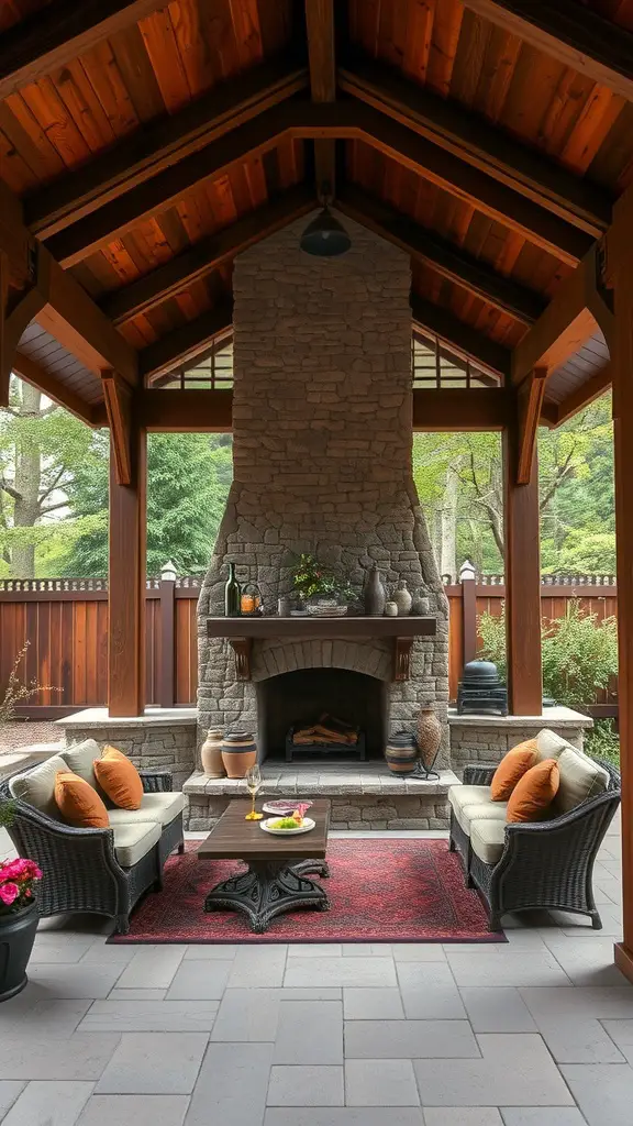 27 Cozy Outdoor Covered Patios with Fireplaces for Ultimate Comfort 4 Outdoor covered patio with a stone fireplace, wicker chairs, and wooden beams.