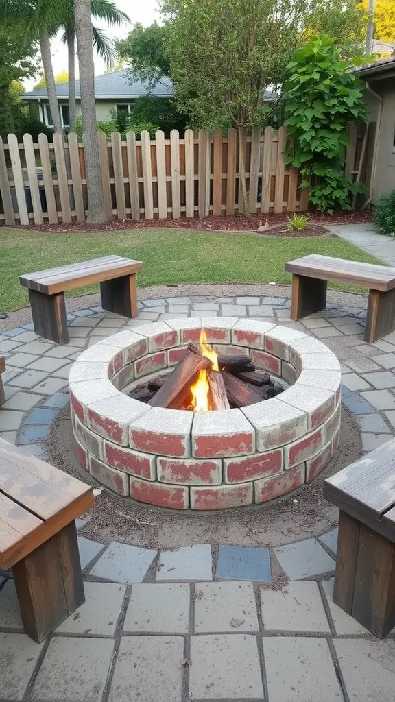 13 Creative Cinder Block Fire Pit Ideas for Your Backyard 6 A rustic cinder block fire pit surrounded by wooden benches in a backyard setting.