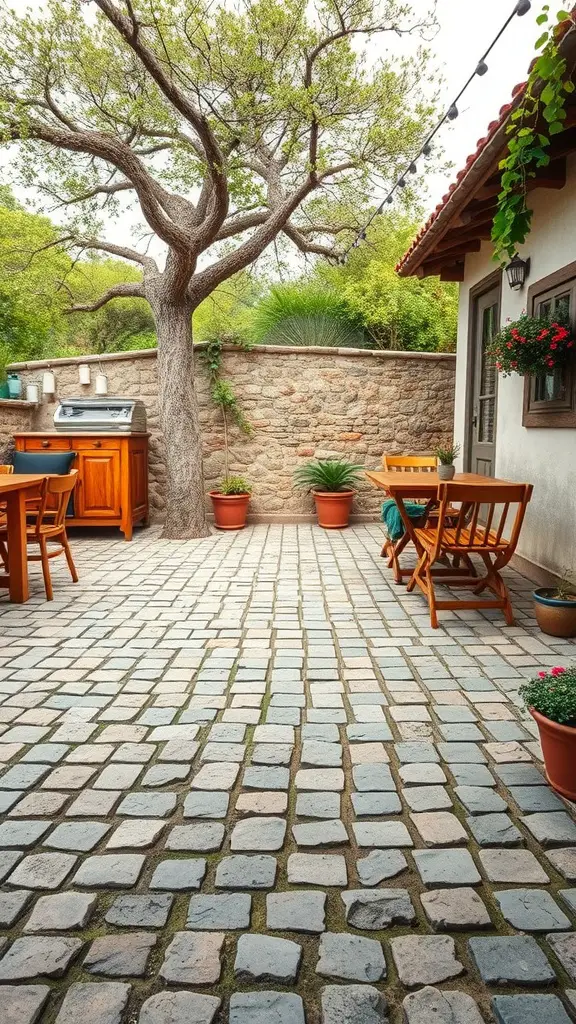 29 Stunning Outdoor Paver Patio Ideas to Transform Your Backyard 15 A rustic cobblestone patio with wooden furniture, potted plants, and a tree, creating a cozy outdoor space.