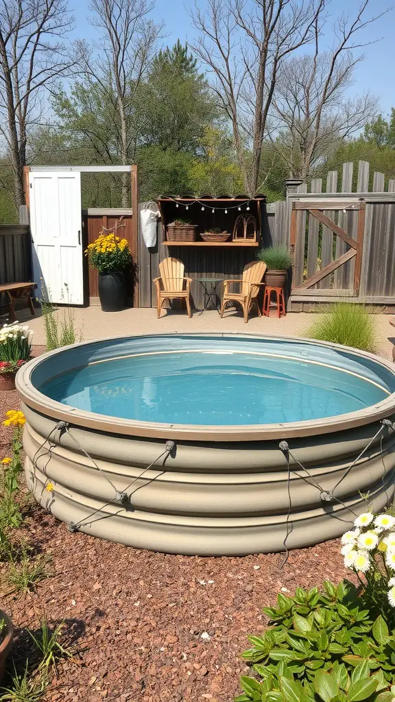 21+ Unique Stock Tank Pool Ideas for Your Backyard Oasis 8 A rustic backyard featuring a stock tank pool, wooden fence, and Adirondack chairs surrounded by flowers.