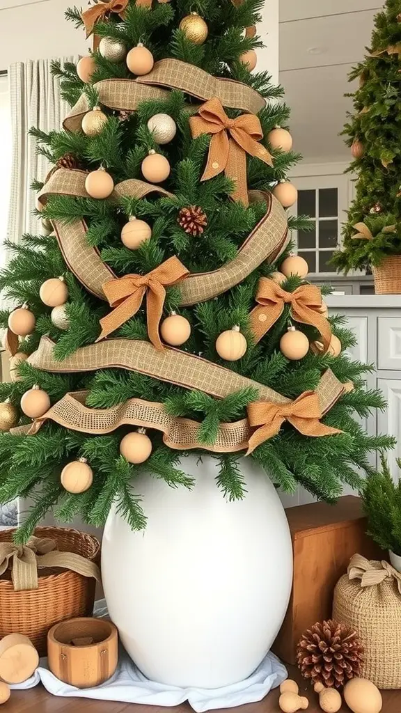 21 Creative Christmas Tree Ideas for a Cozy Fall Celebration 4 A rustic farmhouse Christmas tree decorated with peach ornaments, burlap ribbons, and pinecones, surrounded by natural decor elements.