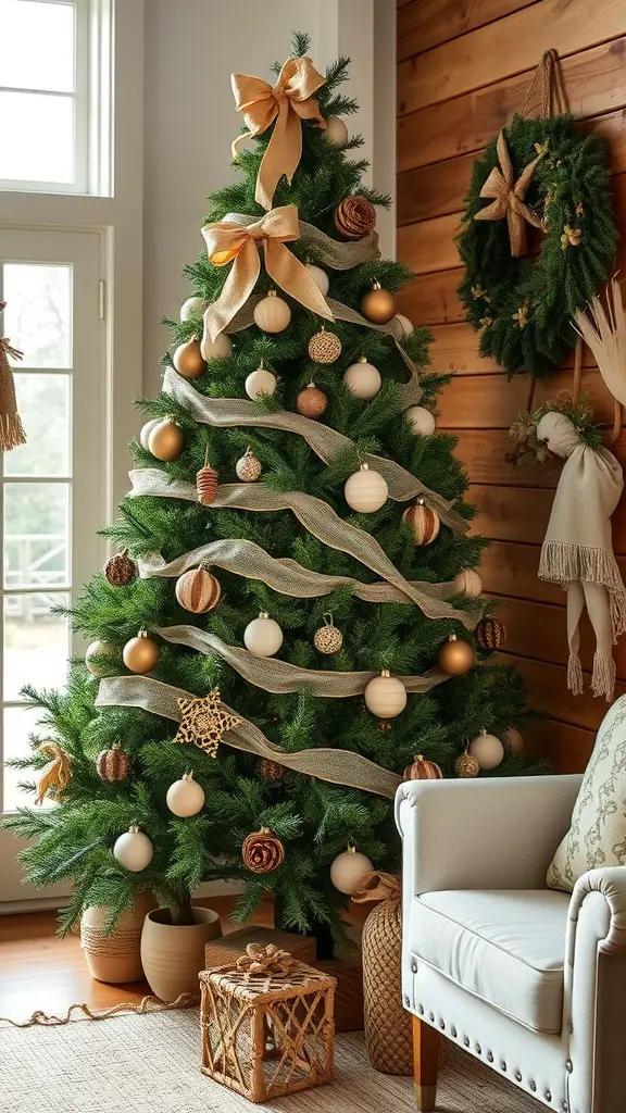 19 Unique Christmas Tree Ideas to Brighten Your Holidays 9 A beautifully decorated Christmas tree with burlap ribbon, gold and white ornaments, and natural accents in a cozy farmhouse setting.