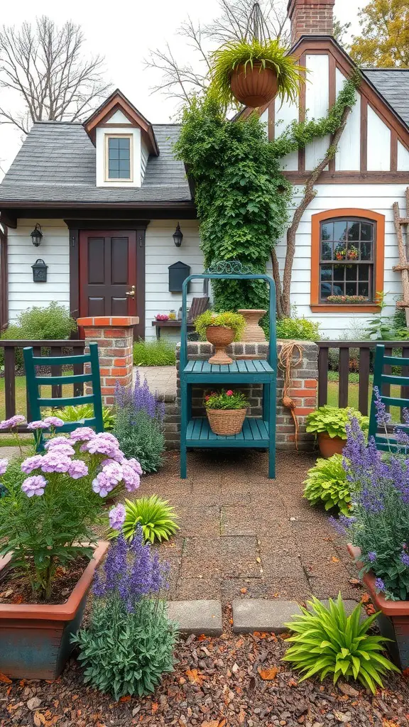15 Inspiring Perennial Garden Design Ideas to Transform Your Space 13 A rustic farmhouse garden design featuring a cozy house, vibrant flowers, and wooden furniture.