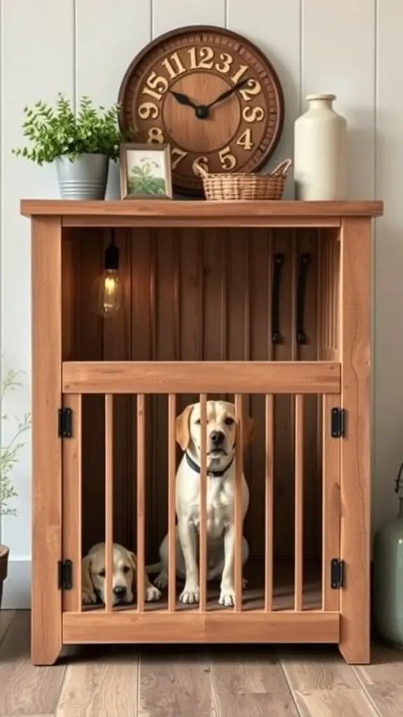 17+ Creative Dog Crate Ideas for Stylish Pet Spaces 16 Rustic farmhouse style dog crate with two dogs inside, surrounded by decorative items and a wall clock.