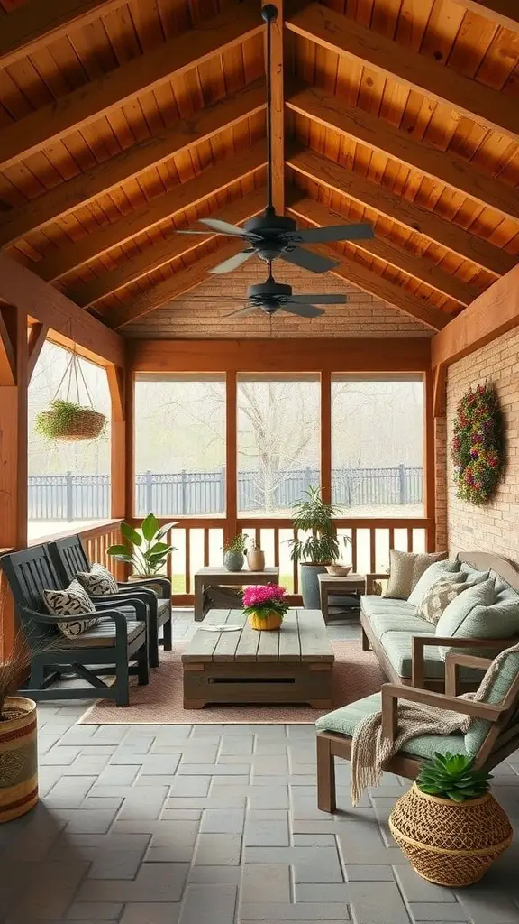 A rustic enclosed patio featuring wooden accents, comfortable seating, and plants.