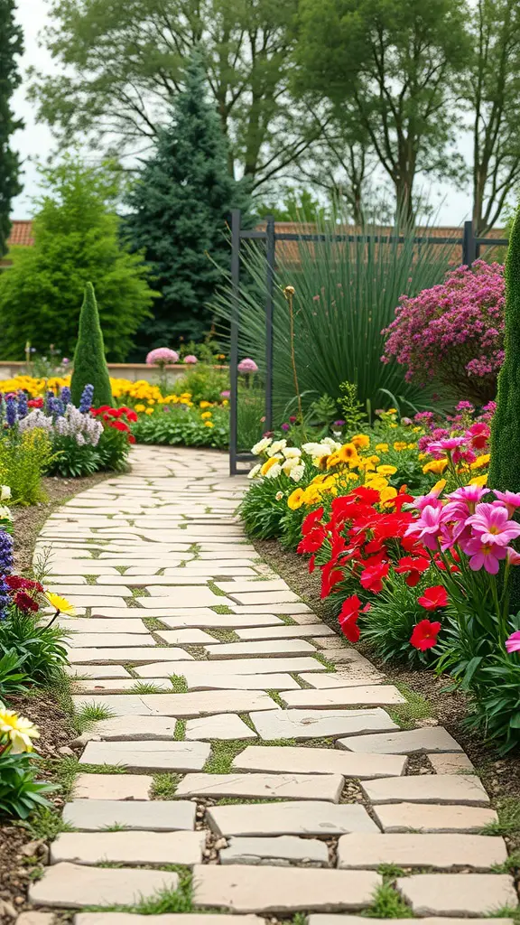 23 Stunning Flagstone Patio Ideas for Your Outdoor Space 8 A rustic flagstone pathway surrounded by colorful flowers in a garden.