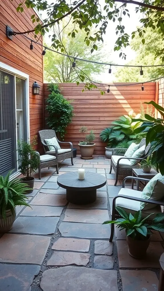 29 Stunning Outdoor Paver Patio Ideas to Transform Your Backyard 4 A cozy rustic flagstone patio with comfortable seating and greenery.