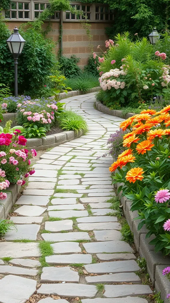 A rustic flagstone walkway winding through a colorful garden filled with flowers.