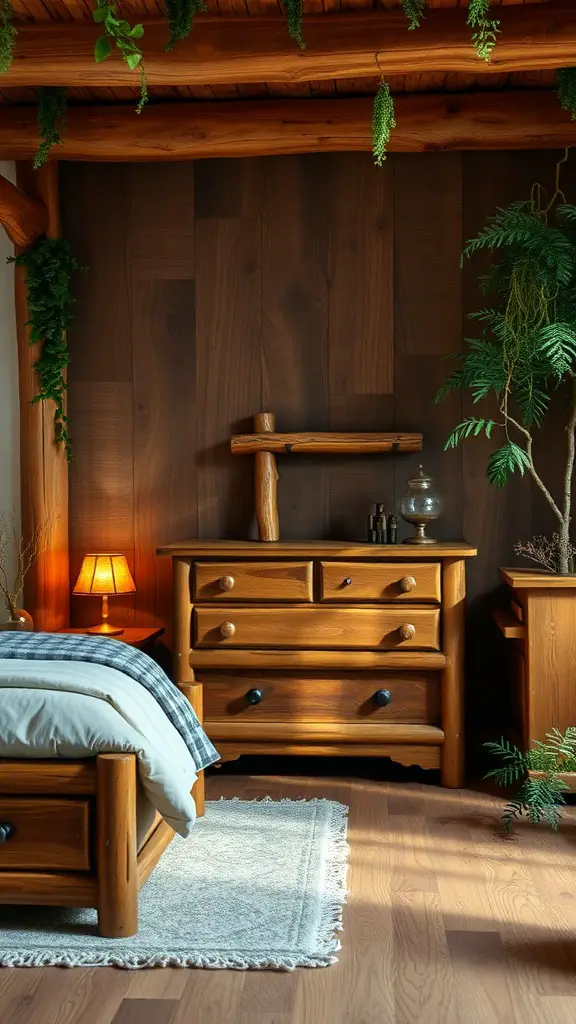 A rustic bedroom featuring wooden furniture, plants, and warm lighting.