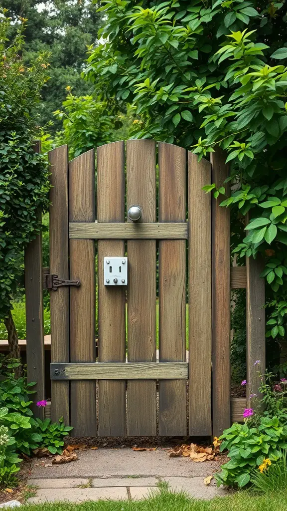 21 Charming Vintage Garden Decor Ideas to Transform Your Outdoor Space 15 A rustic wooden garden gate surrounded by greenery and flowers.