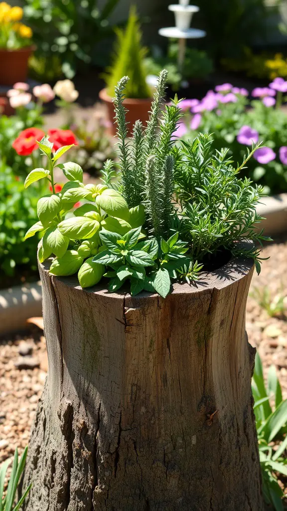A rustic tree stump planter filled with various herbs like basil and rosemary.