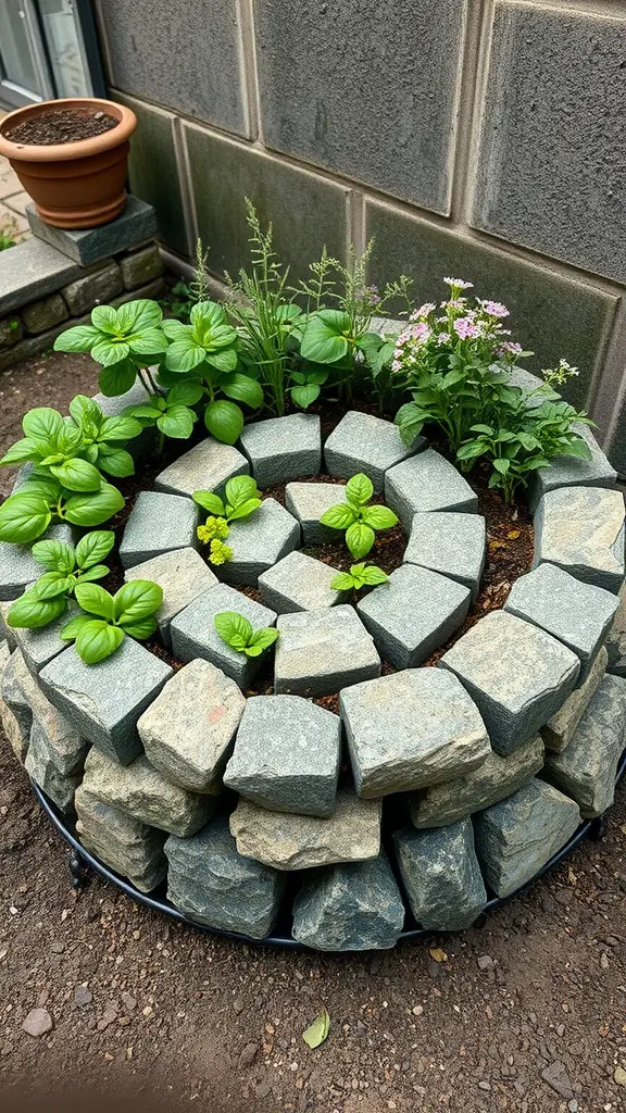 23 Stunning Dream Garden Ideas to Transform Your Outdoor Space 2 A rustic herb spiral made of stones with various herbs planted inside.