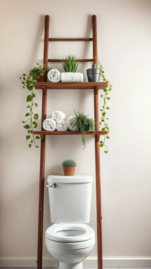 17 Creative Over Toilet Storage Ideas for Small Bathrooms 6 A rustic ladder shelf with towels and plants above a toilet