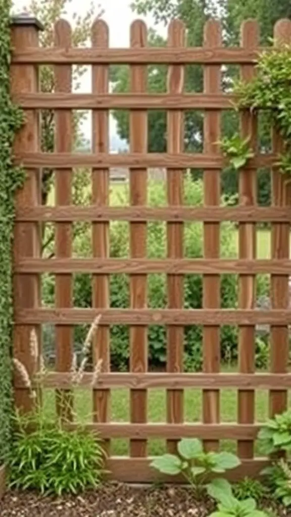 17 Creative Lattice Privacy Screen Ideas for Your Outdoor Space 12 A rustic wooden lattice fence with greenery and plants around it.