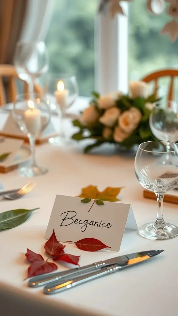 17 Creative Fall Leaves Decor Ideas for a Cozy Autumn Home 8 A table setting with rustic leaf place cards, featuring colorful leaves and elegant glassware.