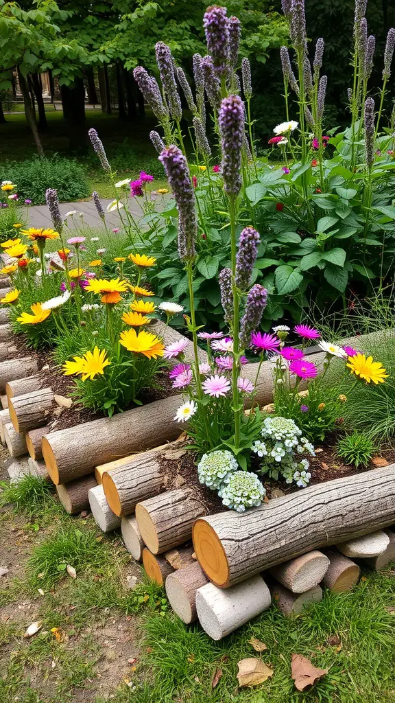 21 Creative Garden Border Ideas You Can Try Today 14 A garden with colorful flowers surrounded by rustic log edging.