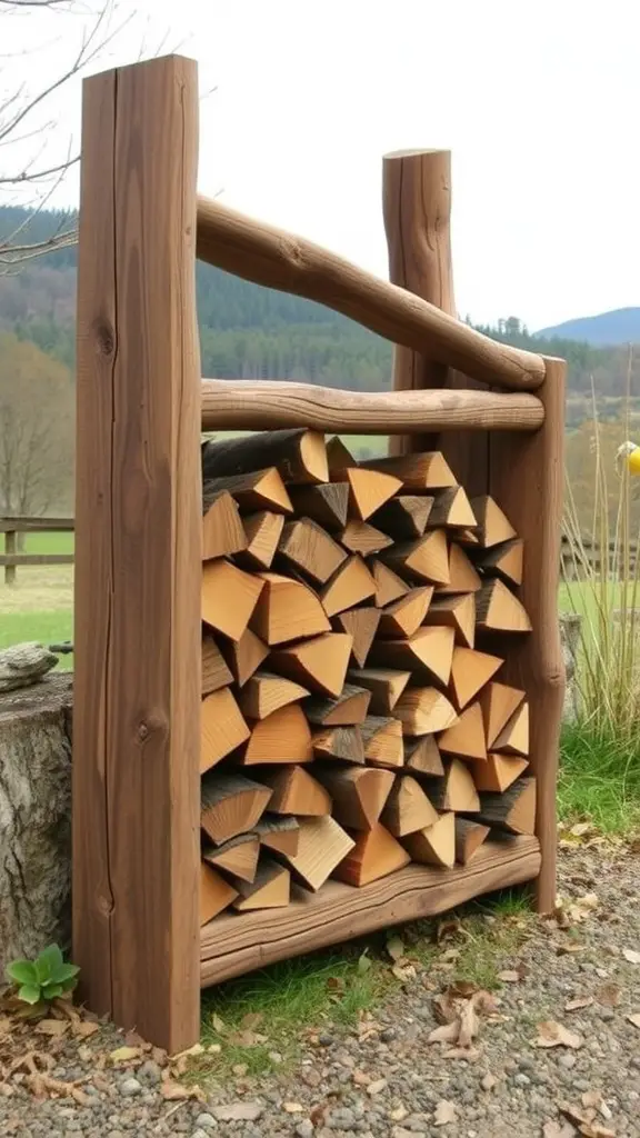 19 Creative Outdoor Firewood Storage Ideas You'll Love 6 A rustic wooden log rack filled with neatly stacked firewood, set against a natural outdoor backdrop.