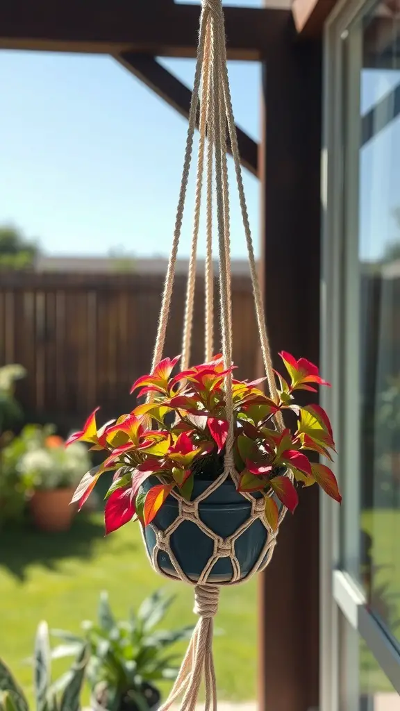 19 Stunning DIY Macrame Plant Hangers to Elevate Your Home Decor 12 A rustic macrame plant hanger with a colorful plant, hanging outdoors.