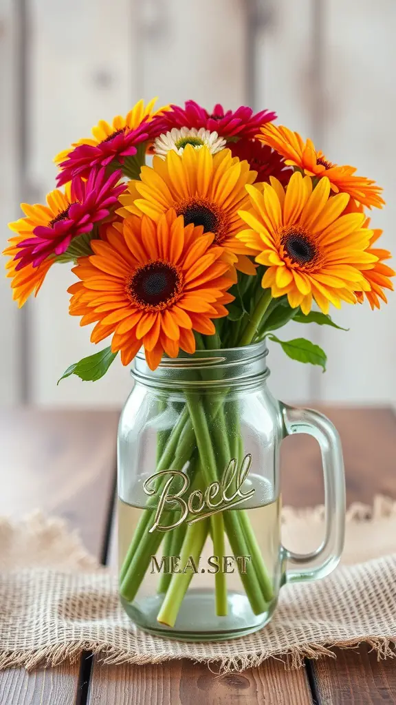 23 Stunning Dollar Tree Centerpieces You Can DIY 4 A mason jar filled with colorful flowers on a wooden table.