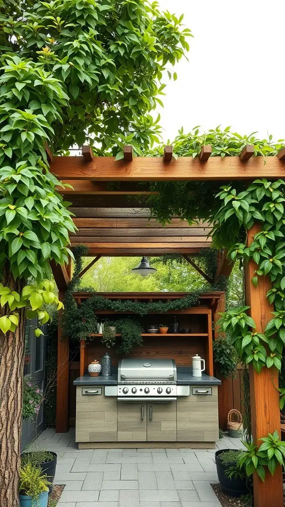 A rustic pergola with a modern grill and lush greenery in a backyard setting.
