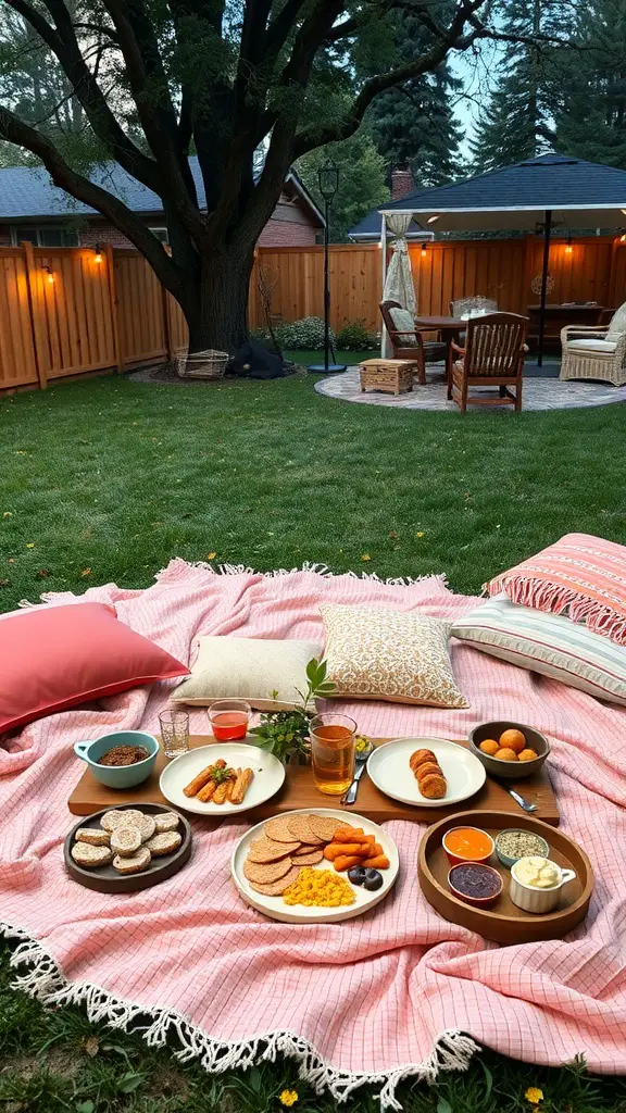 21 Creative Ideas for a Stunning Backyard Micro Wedding 9 A cozy picnic setup in a backyard with a pink blanket, pillows, and a variety of snacks.
