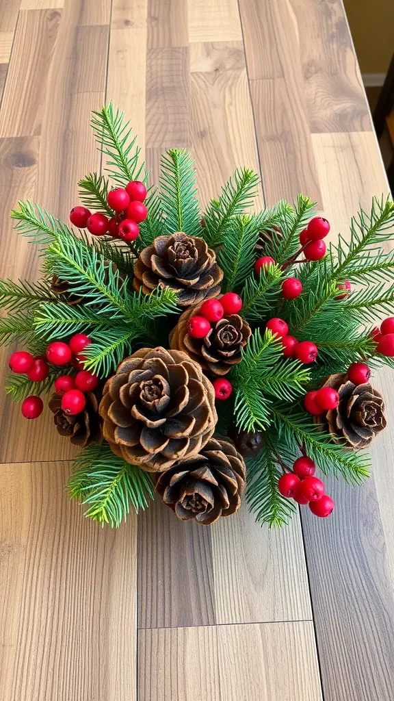 A rustic centerpiece featuring pinecones, evergreen branches, and red berries on a wooden table.