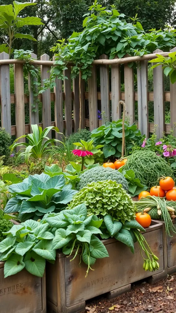 15 Stunning French Garden Ideas to Transform Your Outdoor Space 10 A rustic potager garden featuring wooden boxes filled with vegetables, herbs, and flowers, surrounded by a wooden fence.