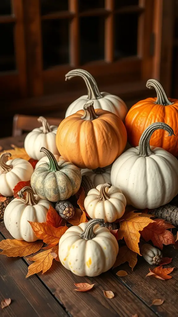 17 Stunning Fall Centerpieces for Your Dining Table 9 A rustic pumpkin arrangement featuring various pumpkins and autumn leaves on a wooden table.