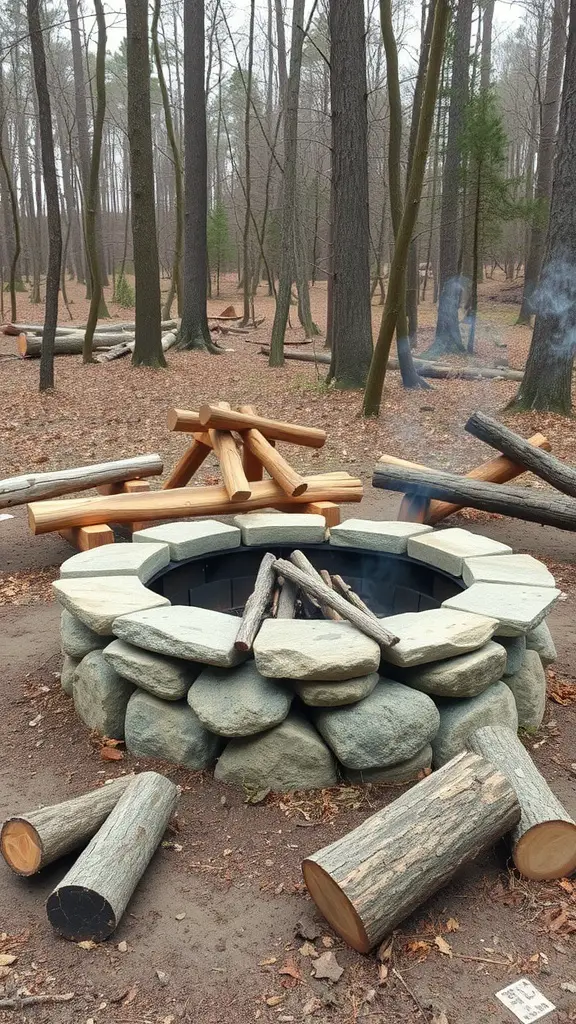 A rustic smokeless fire pit made of natural stone, surrounded by trees and logs.