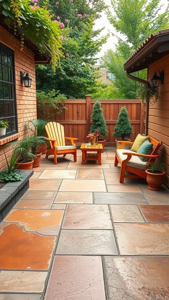45 Creative Paint Ideas for Your Concrete Patio 6 A rustic stained concrete patio with orange chairs and greenery.