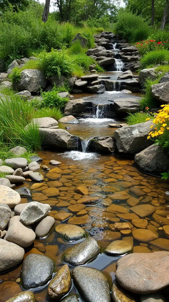 A rustic stone-lined pond with cascading water, surrounded by greenery and colorful flowers.