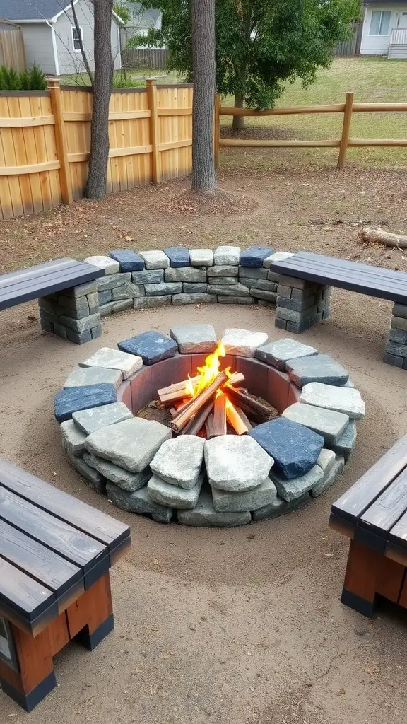 17 Creative DIY Fire Pit Ideas for Your Backyard 7 A rustic stone fire pit surrounded by wooden benches in a backyard setting.
