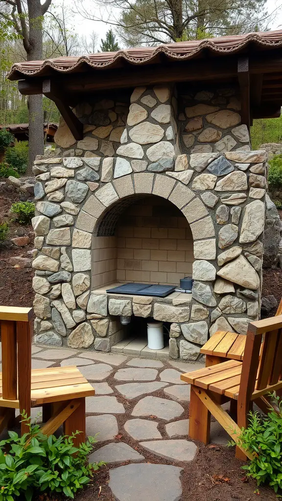 Rustic stone grill area with wooden seating and natural stone pathways