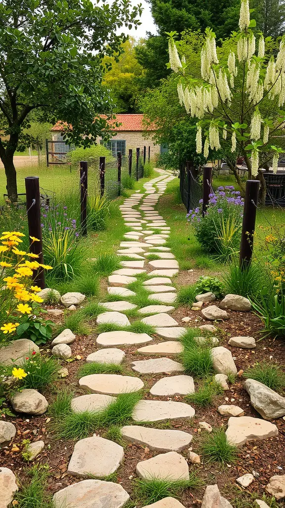 A rustic stone pathway lined with wildflowers and greenery.