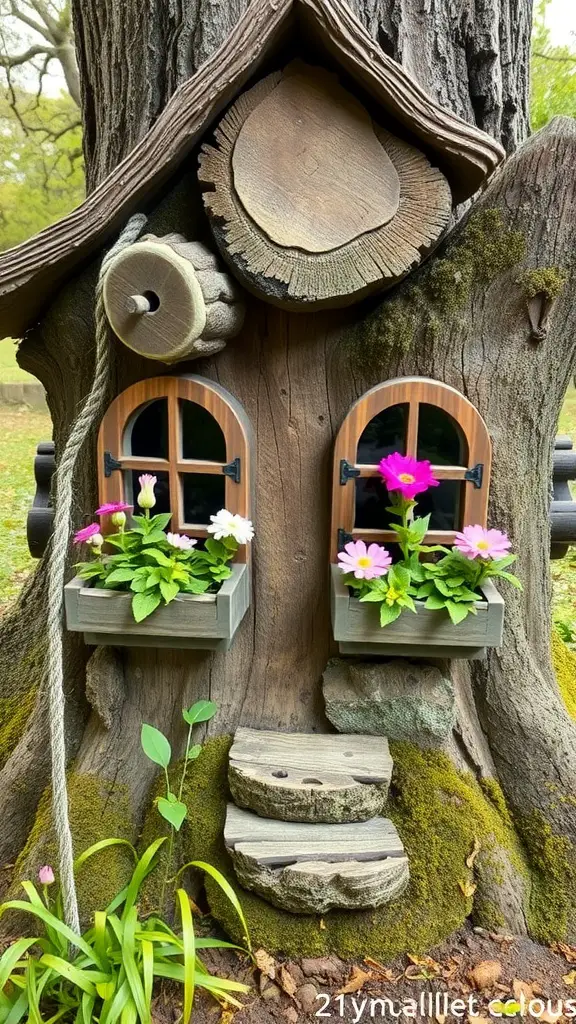 A tree stump fairy house with rustic windows and flower boxes filled with pink and white flowers.