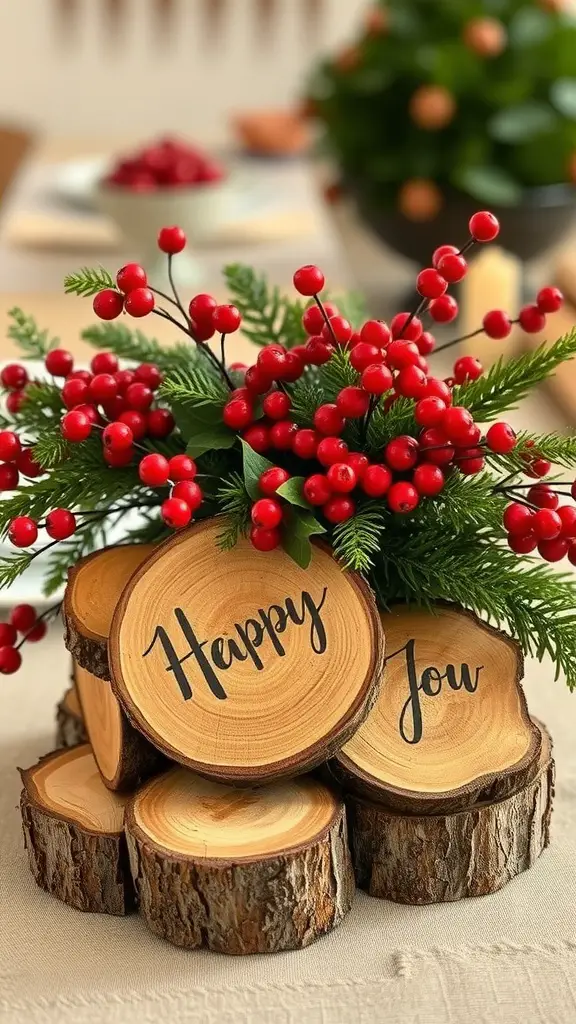 A rustic wood centerpiece with red berries and greenery, featuring engraved wooden slices.