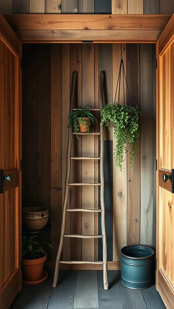 21 Creative Open Closet Ideas for Stylish Organization 7 A rustic wood open closet featuring a wooden ladder with hanging plants, potted plants on the floor, and wooden walls.
