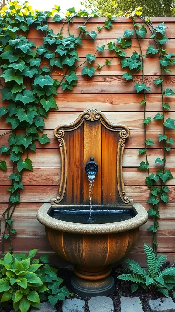 A rustic wood plank fountain surrounded by green ivy and ferns, featuring a rounded basin and a classic design.