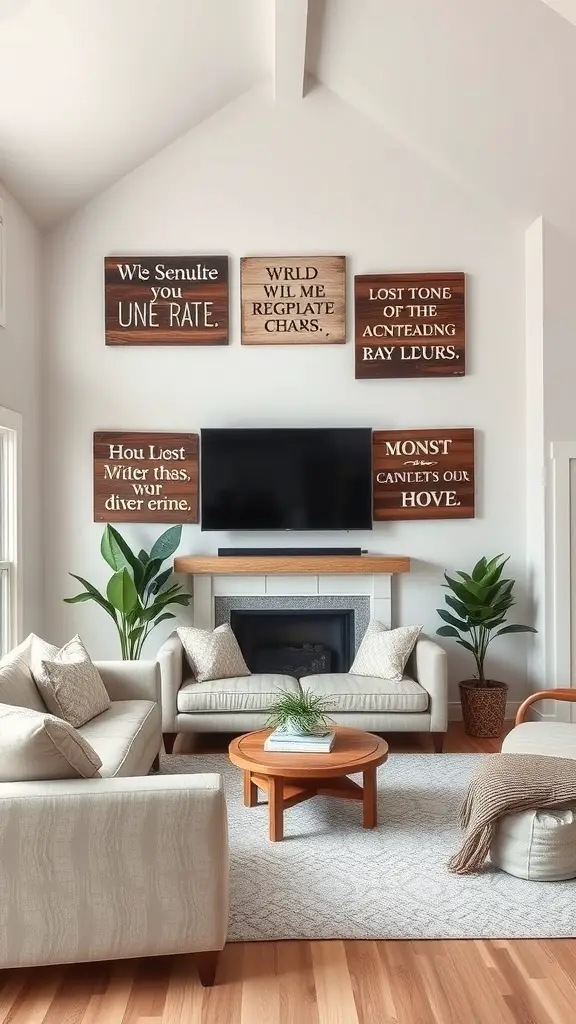 21 Creative Dollar Tree DIY Home Decor Ideas 7 A cozy living room featuring rustic wooden signs on the wall, with a comfortable seating area and plants.