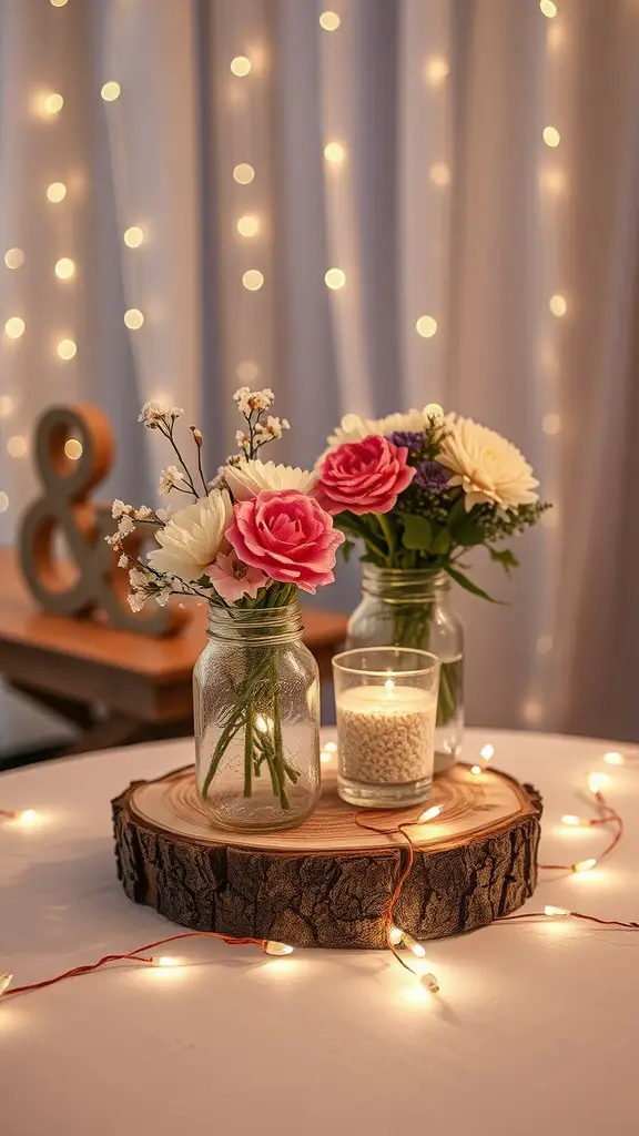 Rustic wood slice centerpiece with flowers and a candle