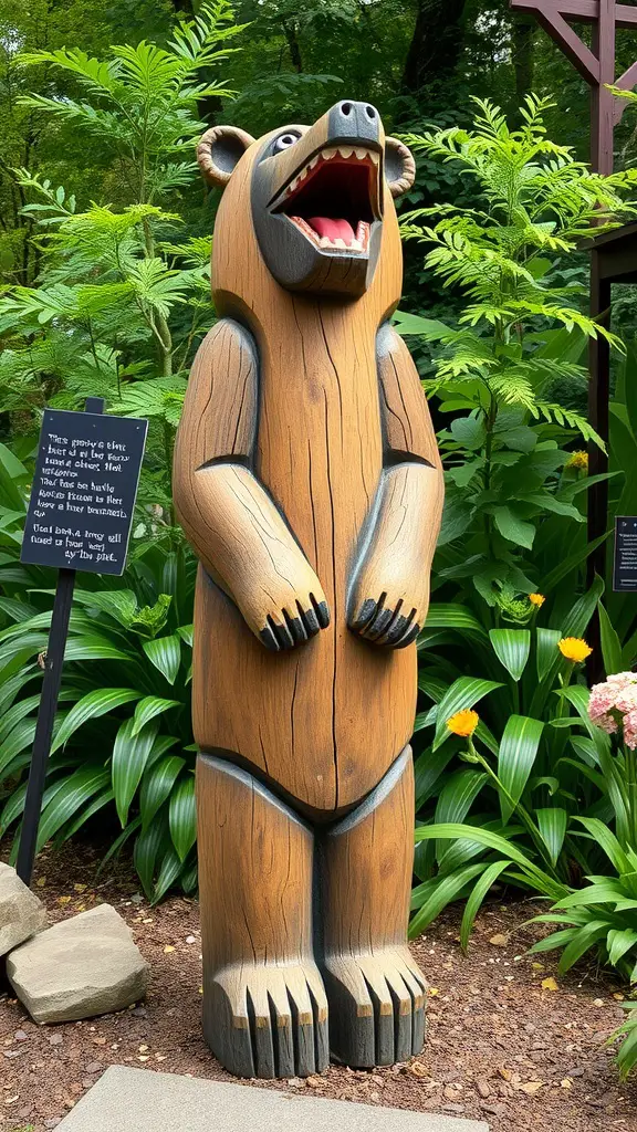 19 Stunning Garden Totems to Elevate Your Outdoor Space 9 A rustic wooden bear sculpture standing in a garden surrounded by lush green plants.