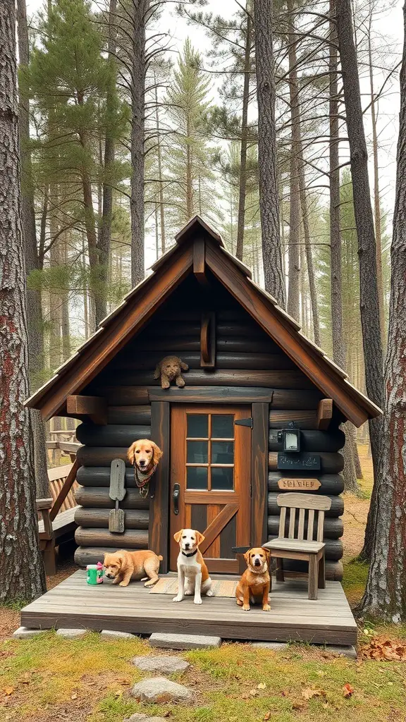 17+ Creative Outside Dog House Ideas for Your Furry Friend 7 A rustic wooden cabin for dogs surrounded by trees, with several dogs sitting on the porch.